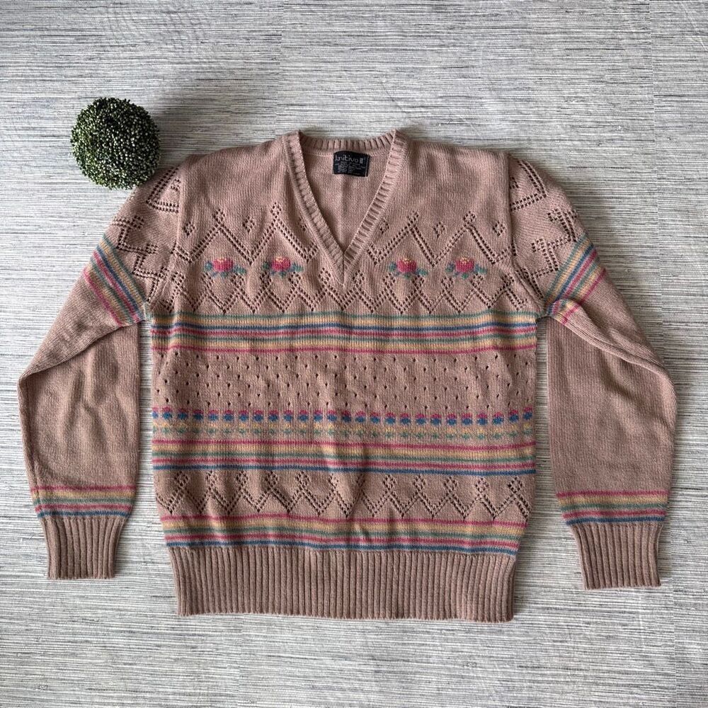 Vintage Pink Open Knit Cardigan Sweater Floral Embroidered V-Neck Large